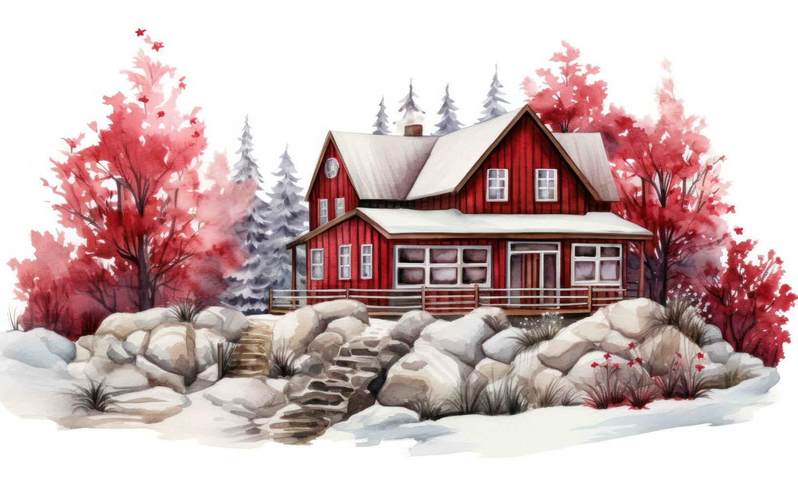 A watercolor illustration of a red farm house and pine trees photo