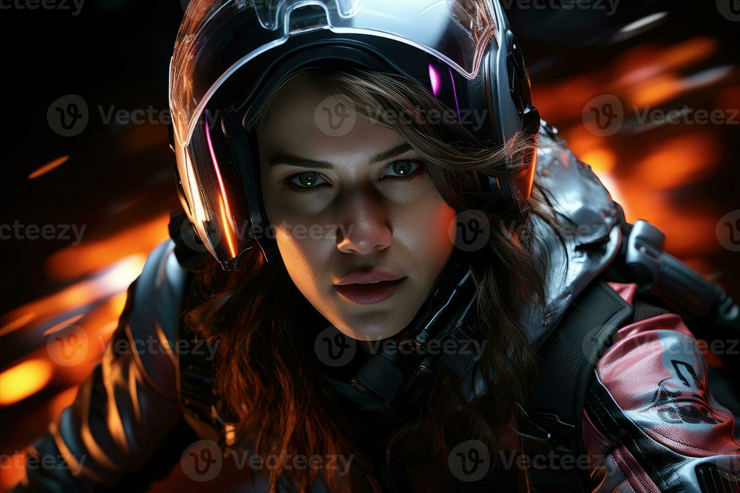 Woman riding on motorcycle at night with motion blur effect in the background. Generative AI photo