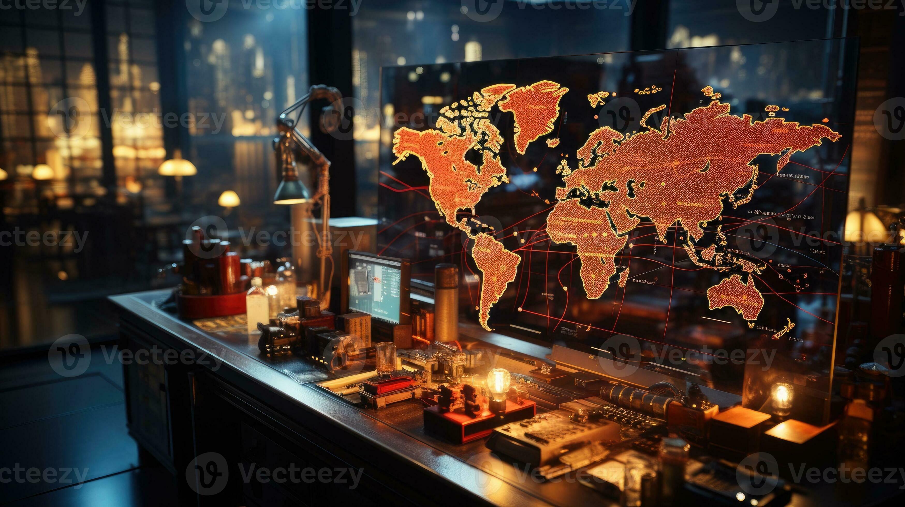Location identifier icon on laptop with information network on a map