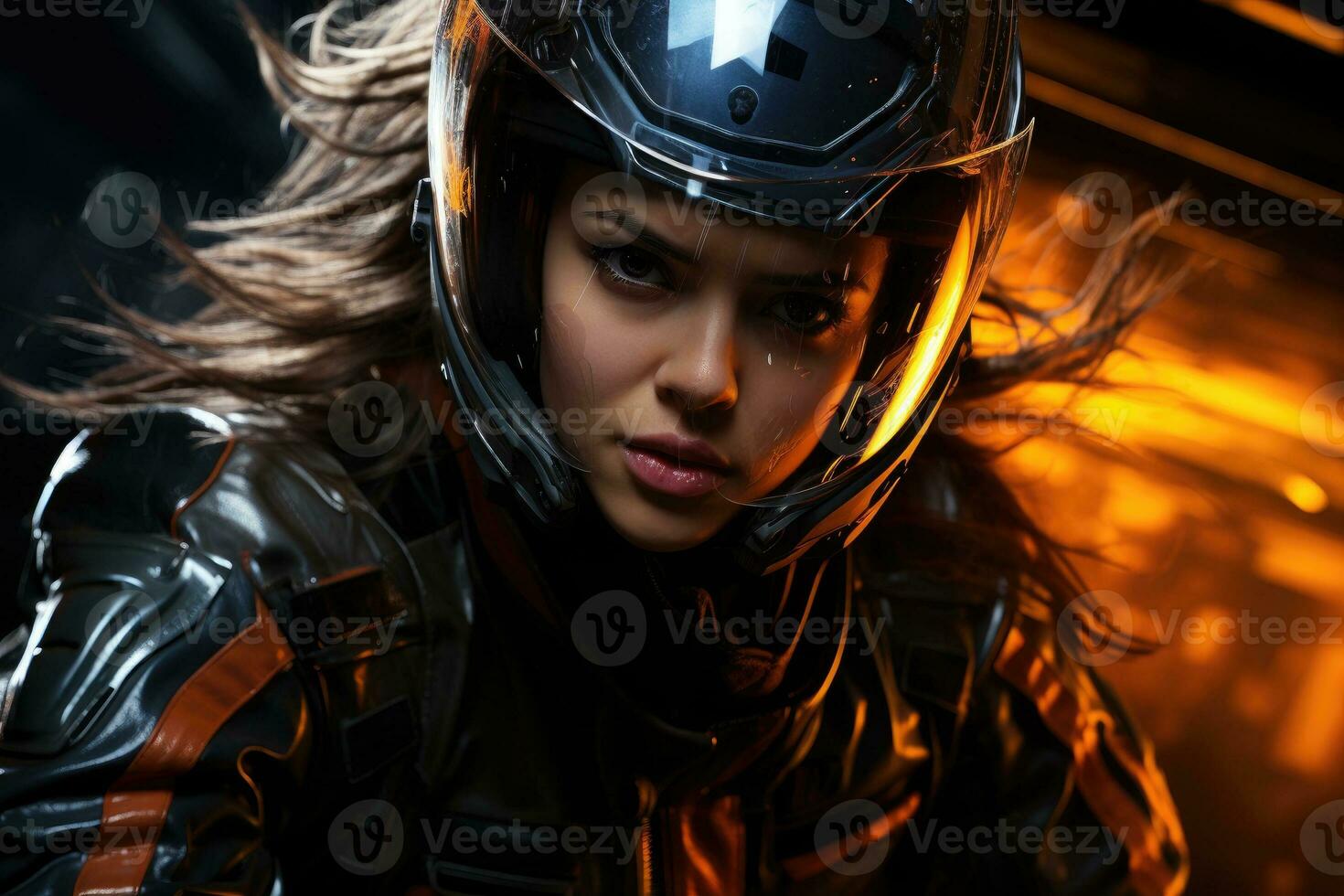 Woman riding on motorcycle at night with motion blur effect in the background. Generative AI photo