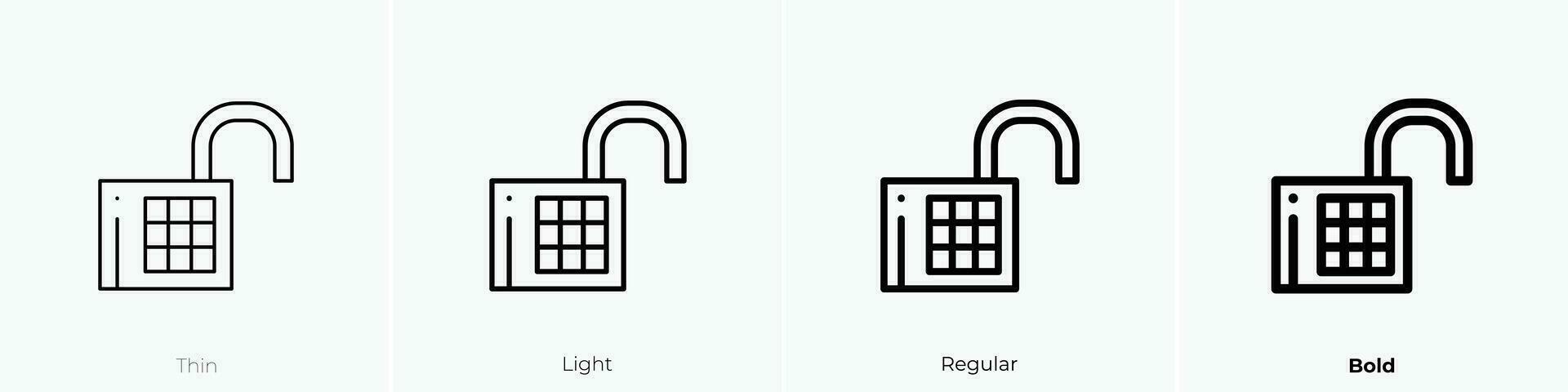 unlock icon. Thin, Light, Regular And Bold style design isolated on white background vector