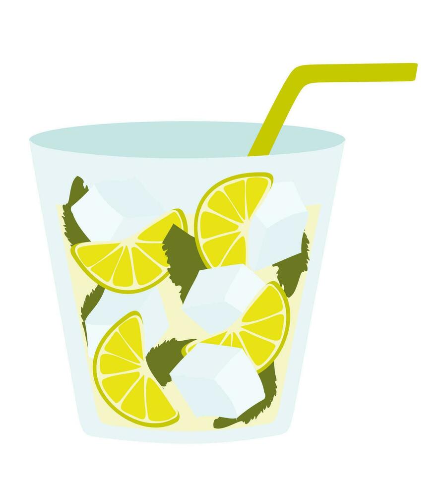 limonada con acostado limón y Lima, plano estilo vector ilustración. dibujos animados bebida con paja, hielo, menta en vaso. refrescante frío Fruta beber. gráfico para póster, bandera, volantes.