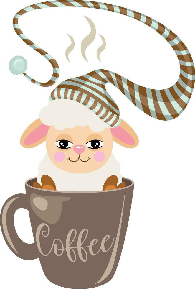 Sleepy sheep with sleeping hat inside cup of coffee vector