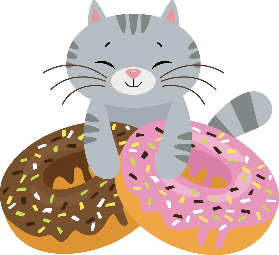 Funny cat with strawberry and chocolate donuts vector