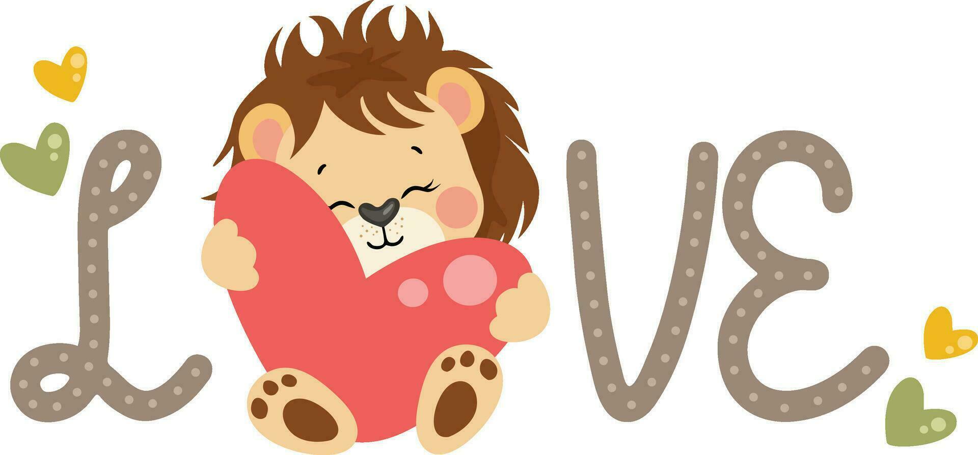 Love word with cute lion holding a heart vector