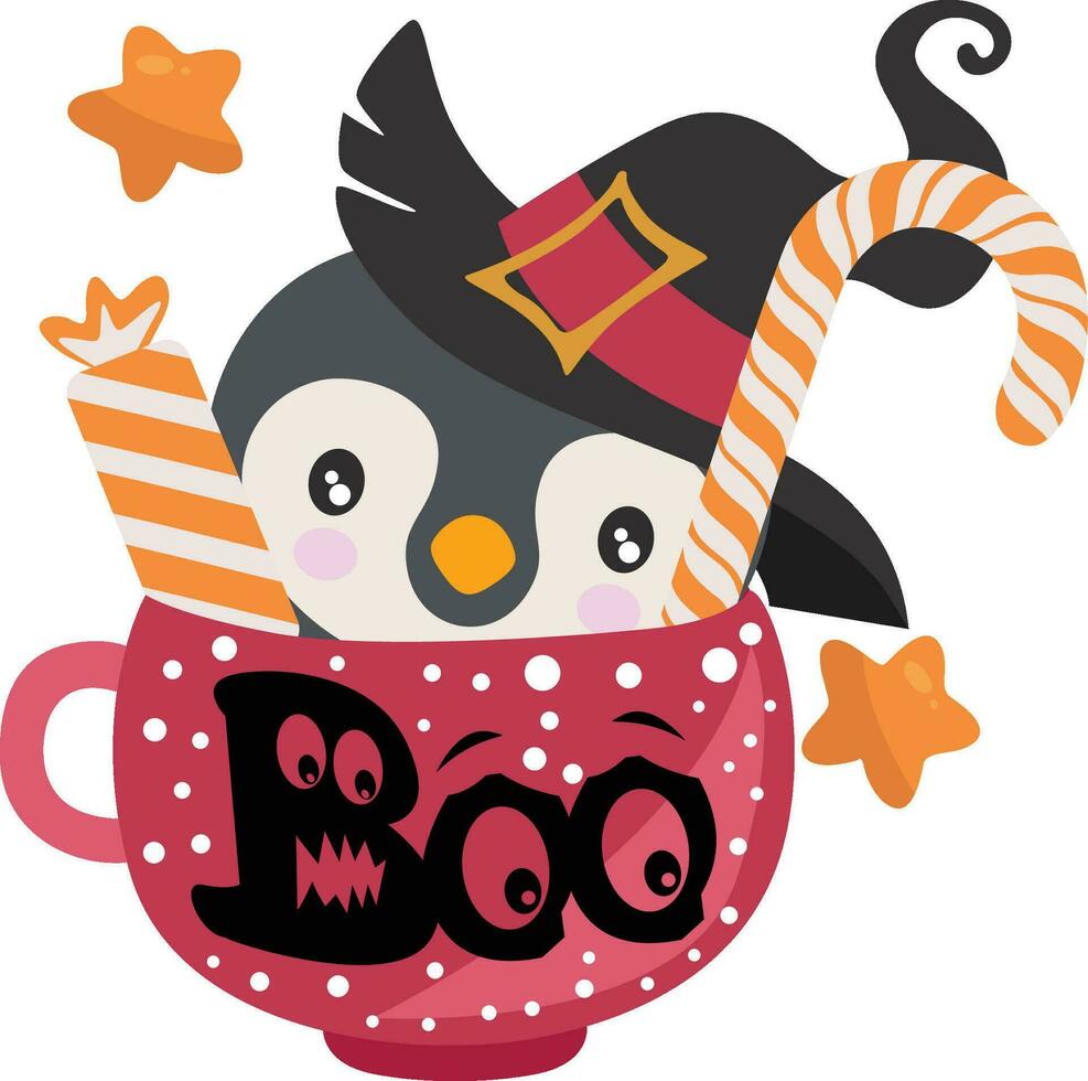 Cup halloween treats or tricks with cute penguin vector