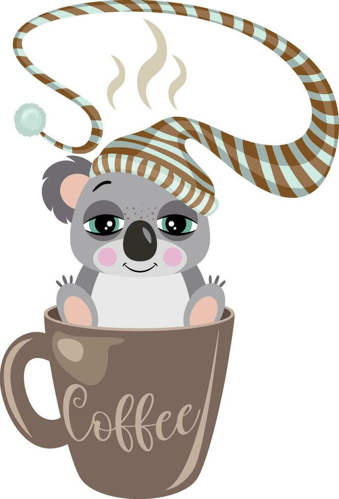 Sleepy koala with sleeping hat inside cup of coffee vector