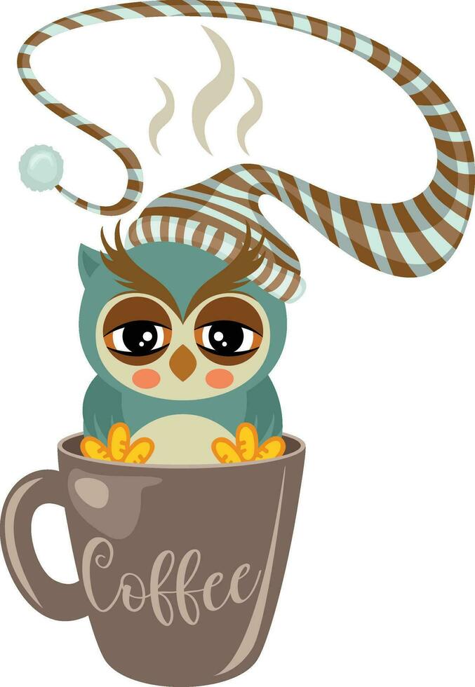 Sleepy owl with sleeping hat inside cup of coffee vector
