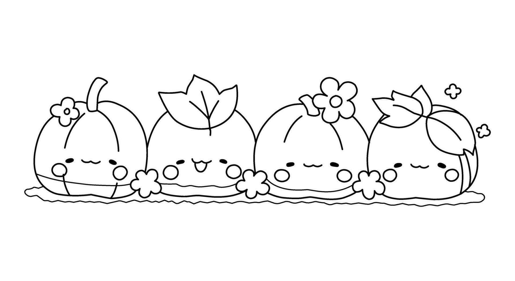 A vector of a cute kawaii pumpkins in black and white coloring,coloring page halloween