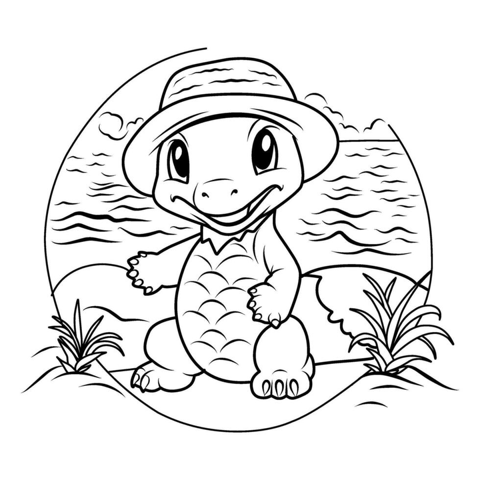 A vector of a cute dragon on the beach in black and white coloring,coloring page simbol 2024