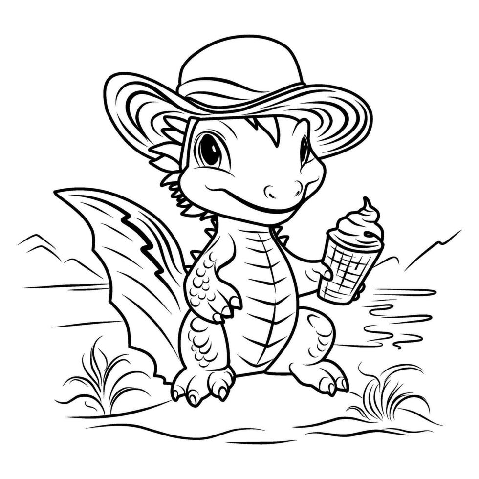 A vector of a cute dragon on the beach in black and white coloring,coloring page simbol 2024