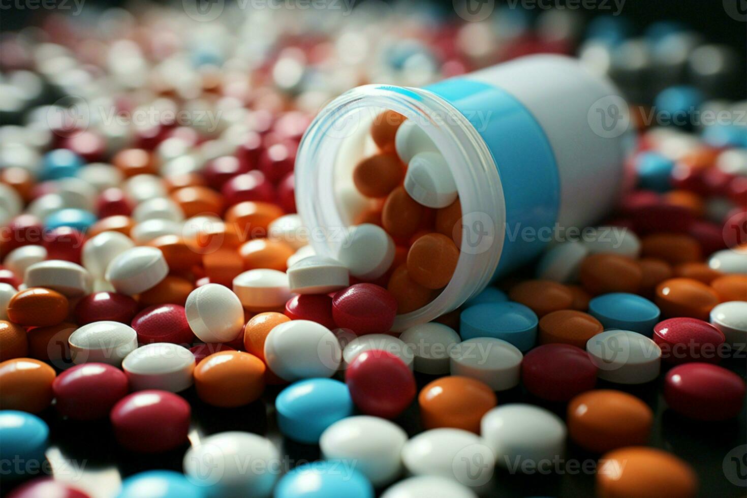 Pharmaceutical ambiance brought to life with white medicine tablets and antibiotic pills AI Generated photo