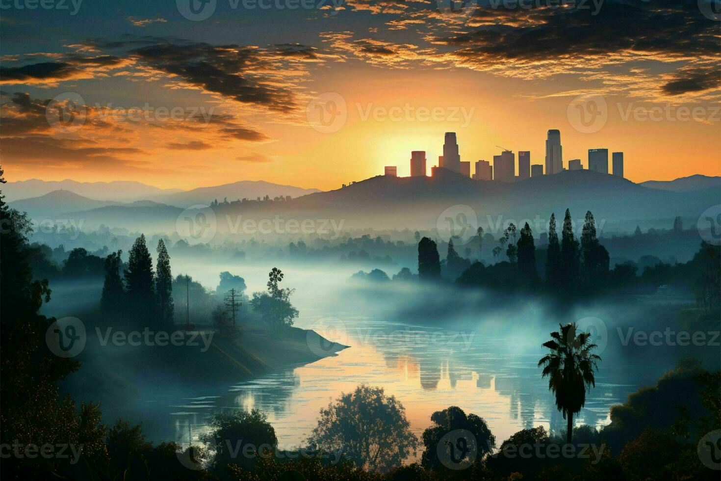 Morning rays pierce the smog of summer city AI Generated photo