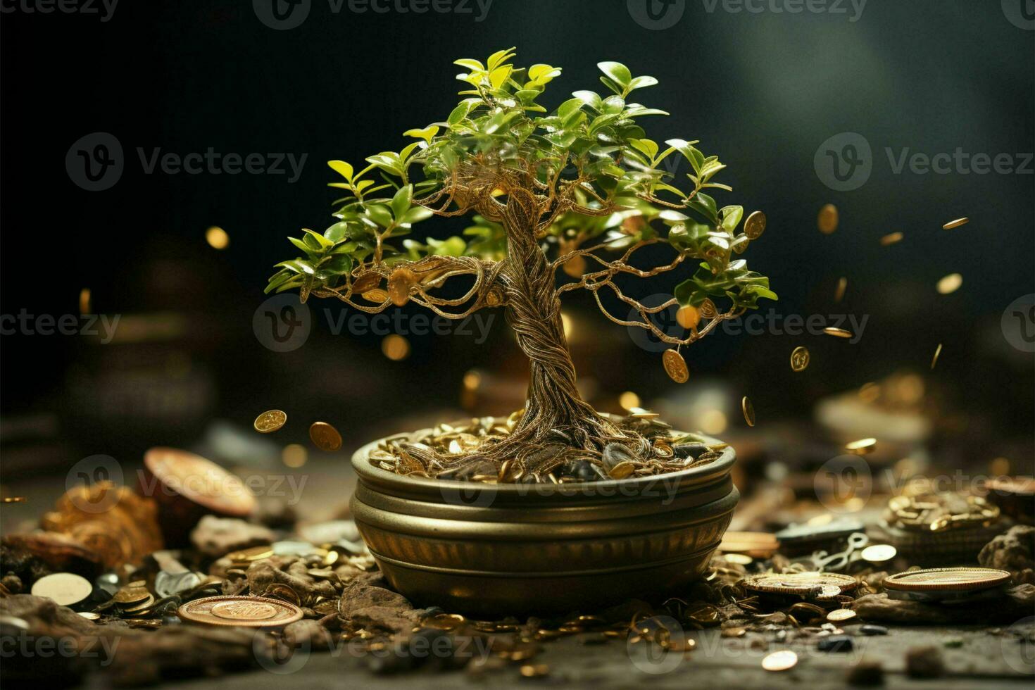 Money tree flourishes in nature's soil, powered by business success AI Generated photo