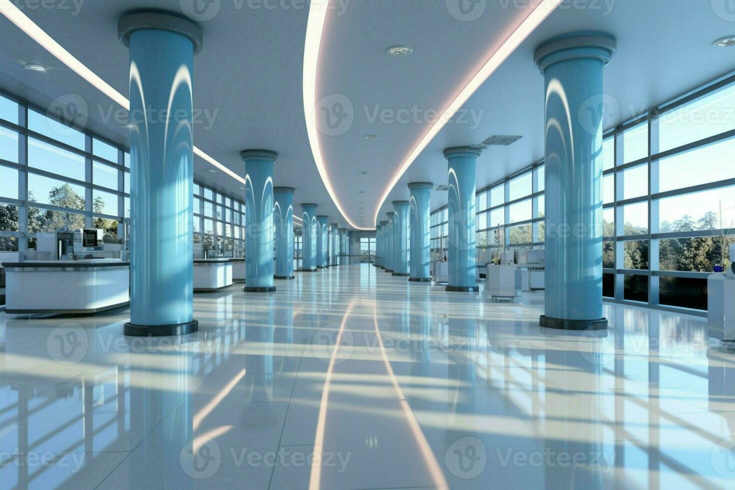 Serene and luxurious hospital corridor, abstractly blurred for a soothing ambiance AI Generated photo