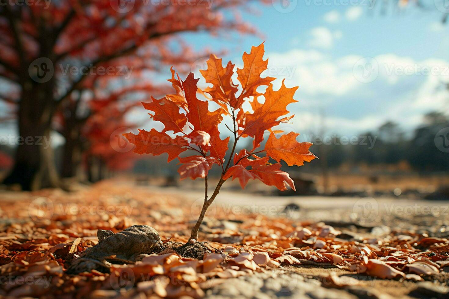 Falls beauty tree leaves blend with the sky, creating an enchanting landscape AI Generated photo