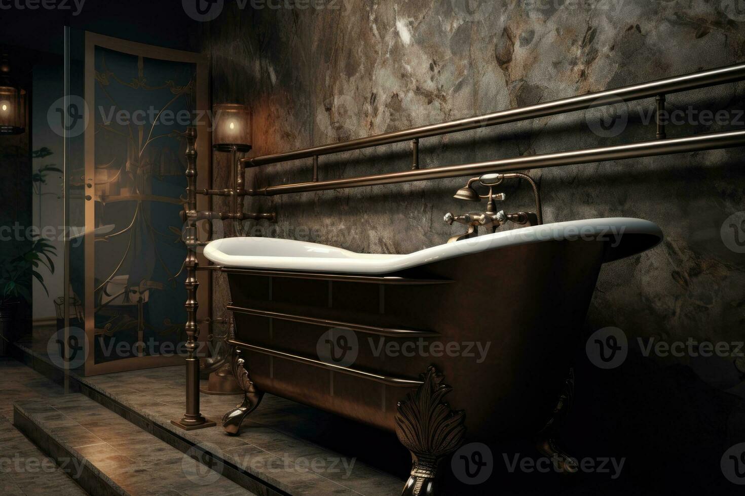 Old stylish bathtub with metal handles for the elderly photo