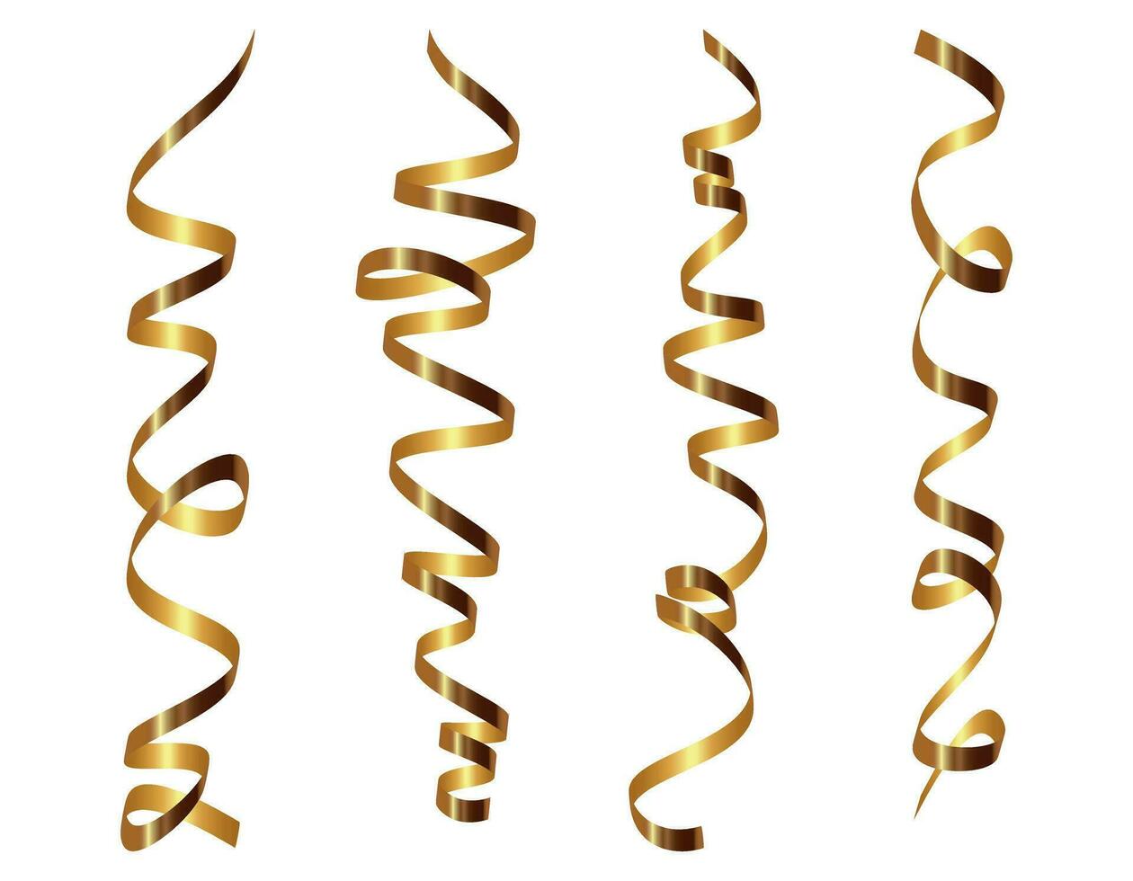 Gold shiny gradient twisted ribbons set. Decoration for carnival party, holiday event, New Year, Christmas, Wedding ceremony. serpentine and confetti isolated on transparent background. illustration vector