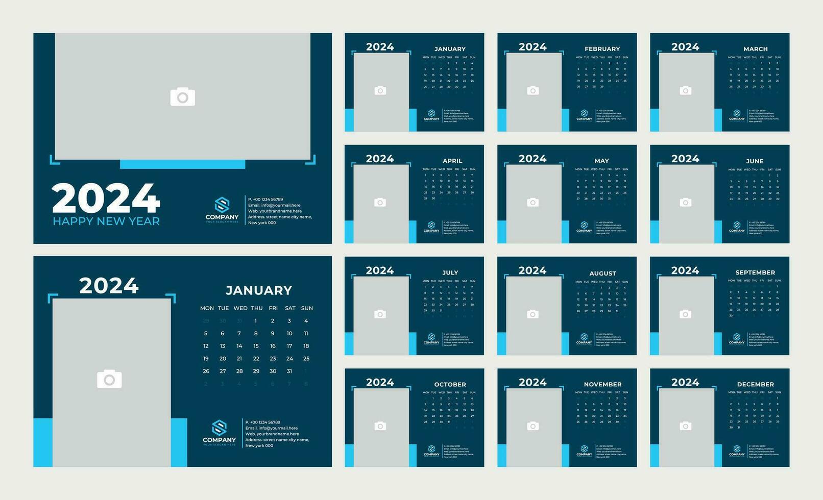 Desk Calendar 2024 template. 12 months included. Editable 2024 calendar