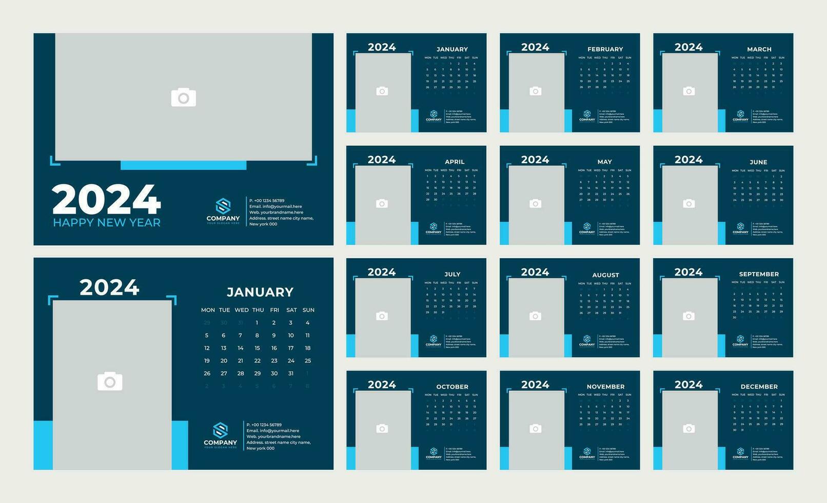 Desk Calendar 2024 template. 12 months included. Editable 2024 calendar design. Vector illusrtation