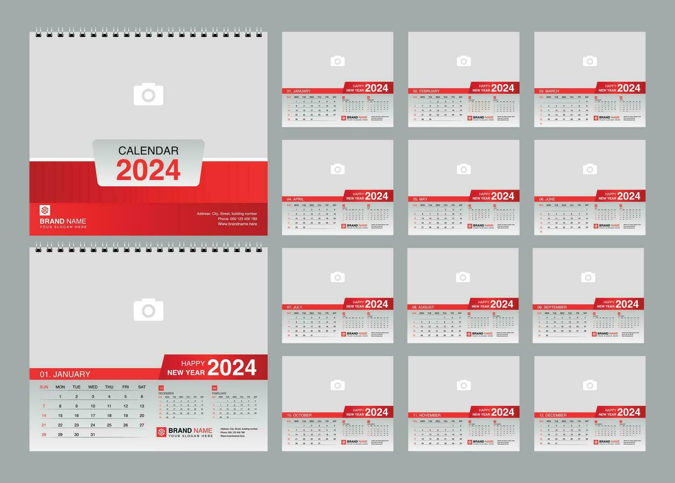 escritorio calendario 2024 modelo. 12 meses incluido. editable 2024 calendario diseño. vector ilusrtation