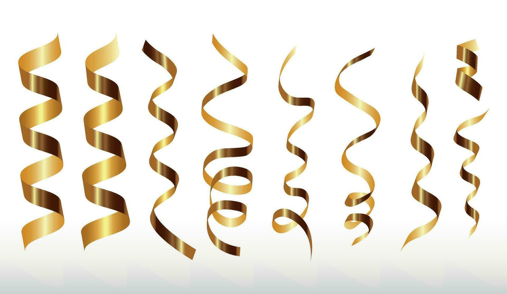 Gold shiny gradient twisted ribbons set. Decoration for carnival party, holiday event, New Year, Christmas, Wedding ceremony. serpentine and confetti isolated on transparent background. illustration vector