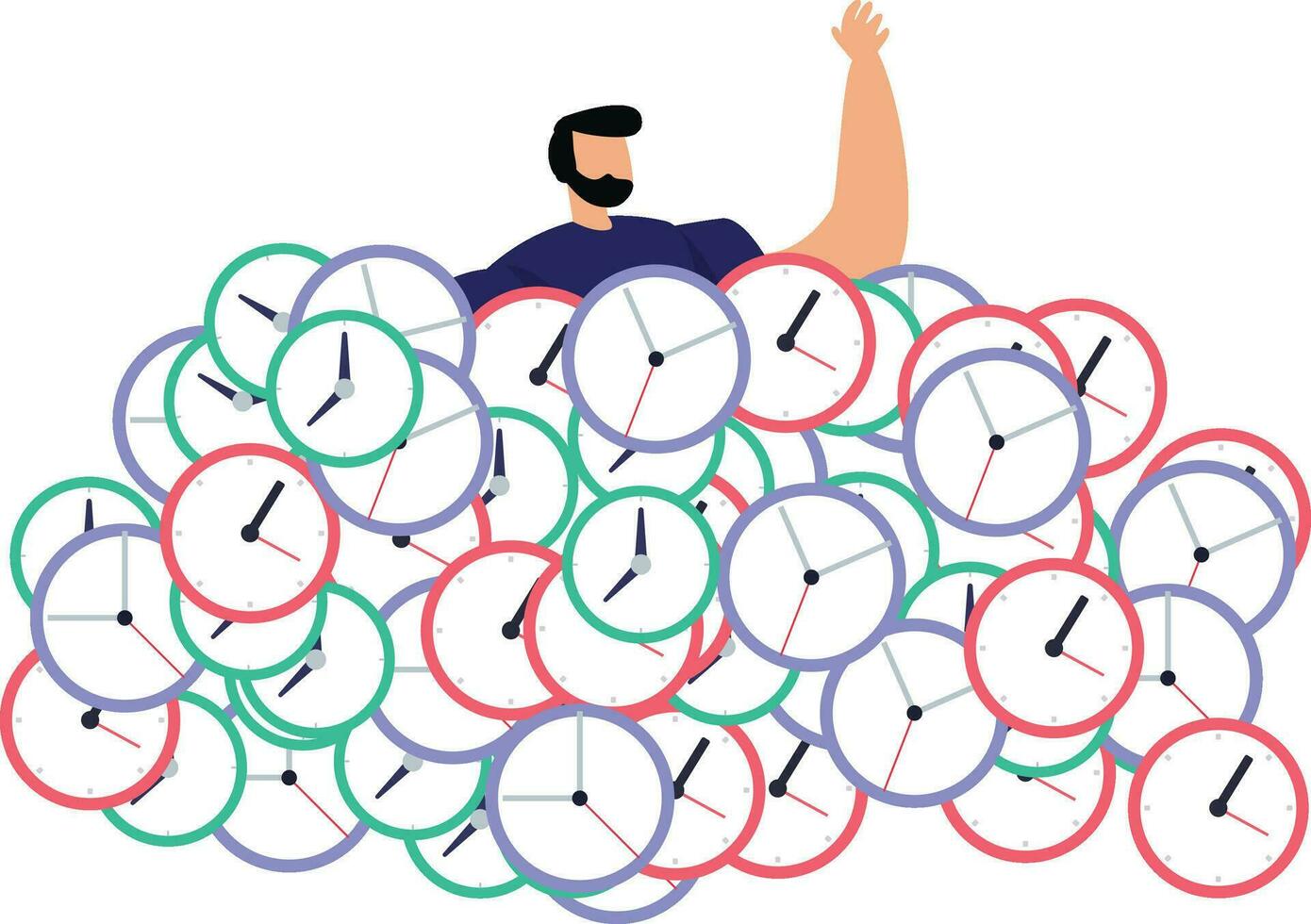 Businessman is sinking in a lot of clocks vector