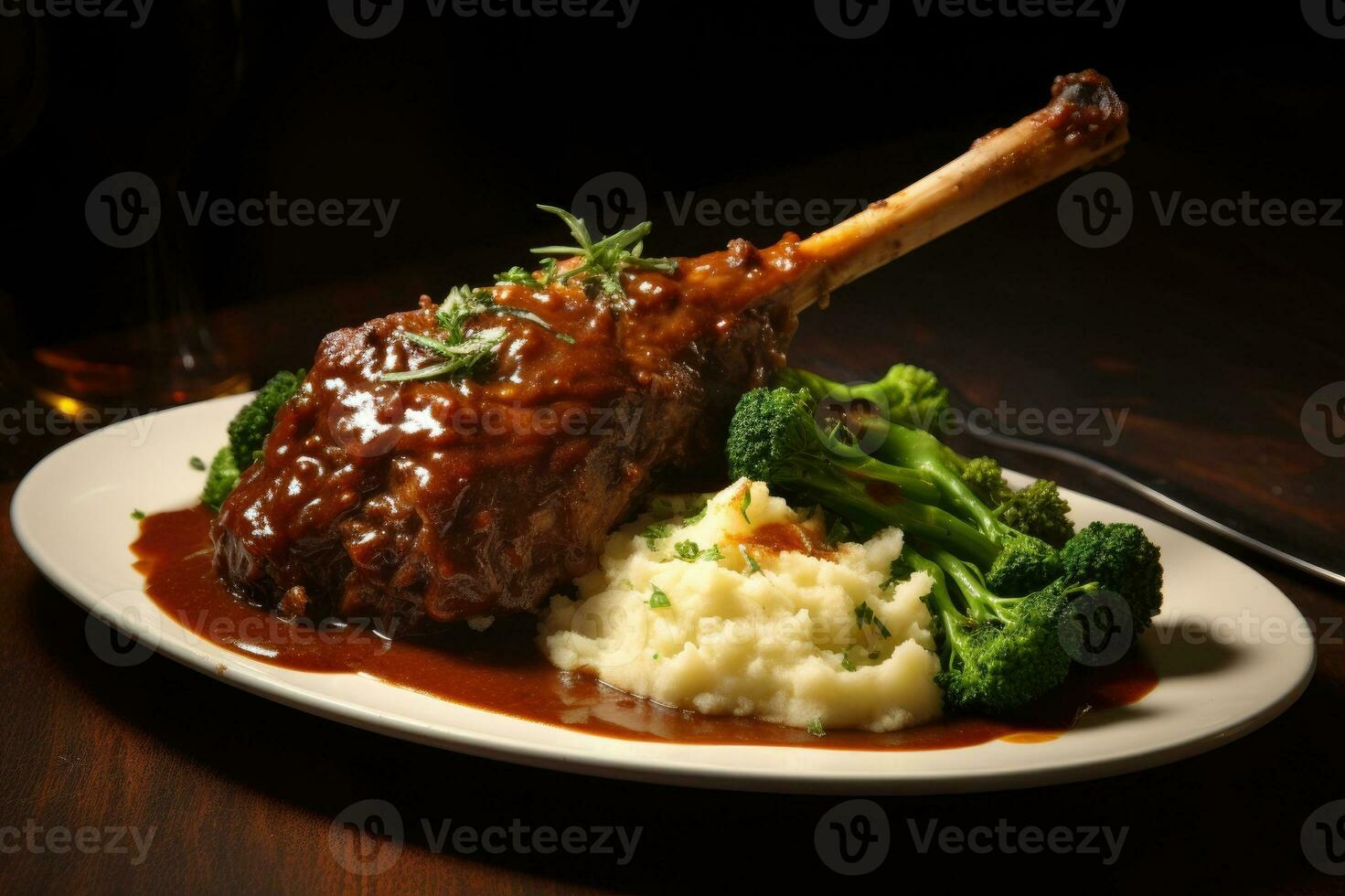 Roast lamb shank with herbs and vegetables. Generative AI photo