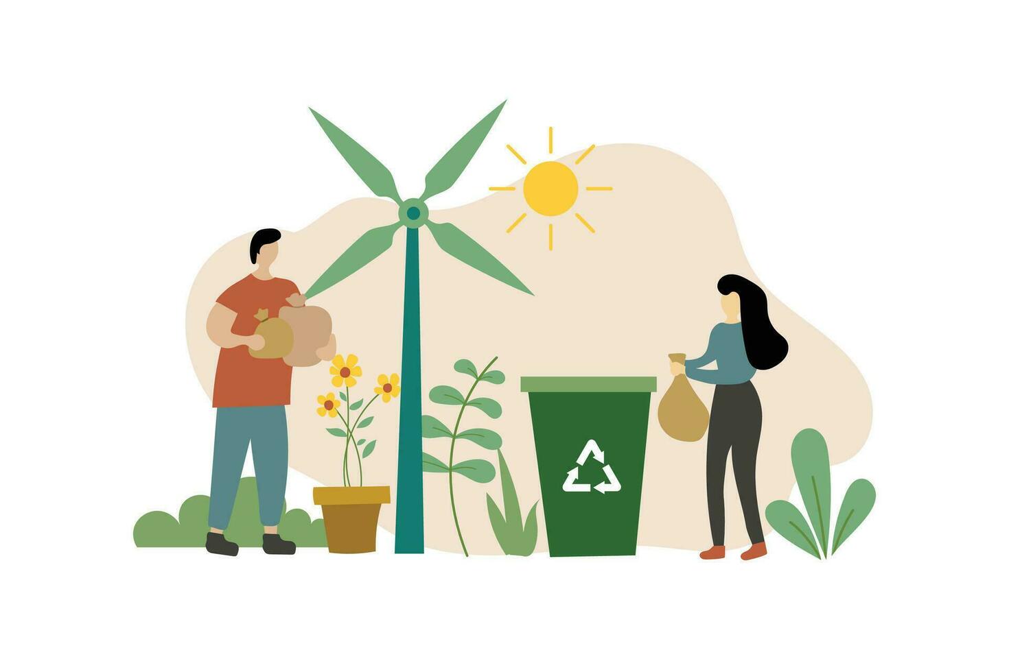 Sustainable practice flat design vector illustration in daily life. characters with an environmentally friendly lifestyle.