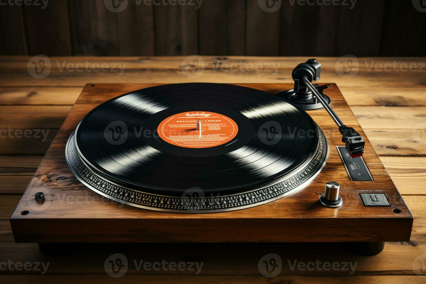 Flat lay Modern player, vinyl records on wooden background text friendly space AI Generated photo