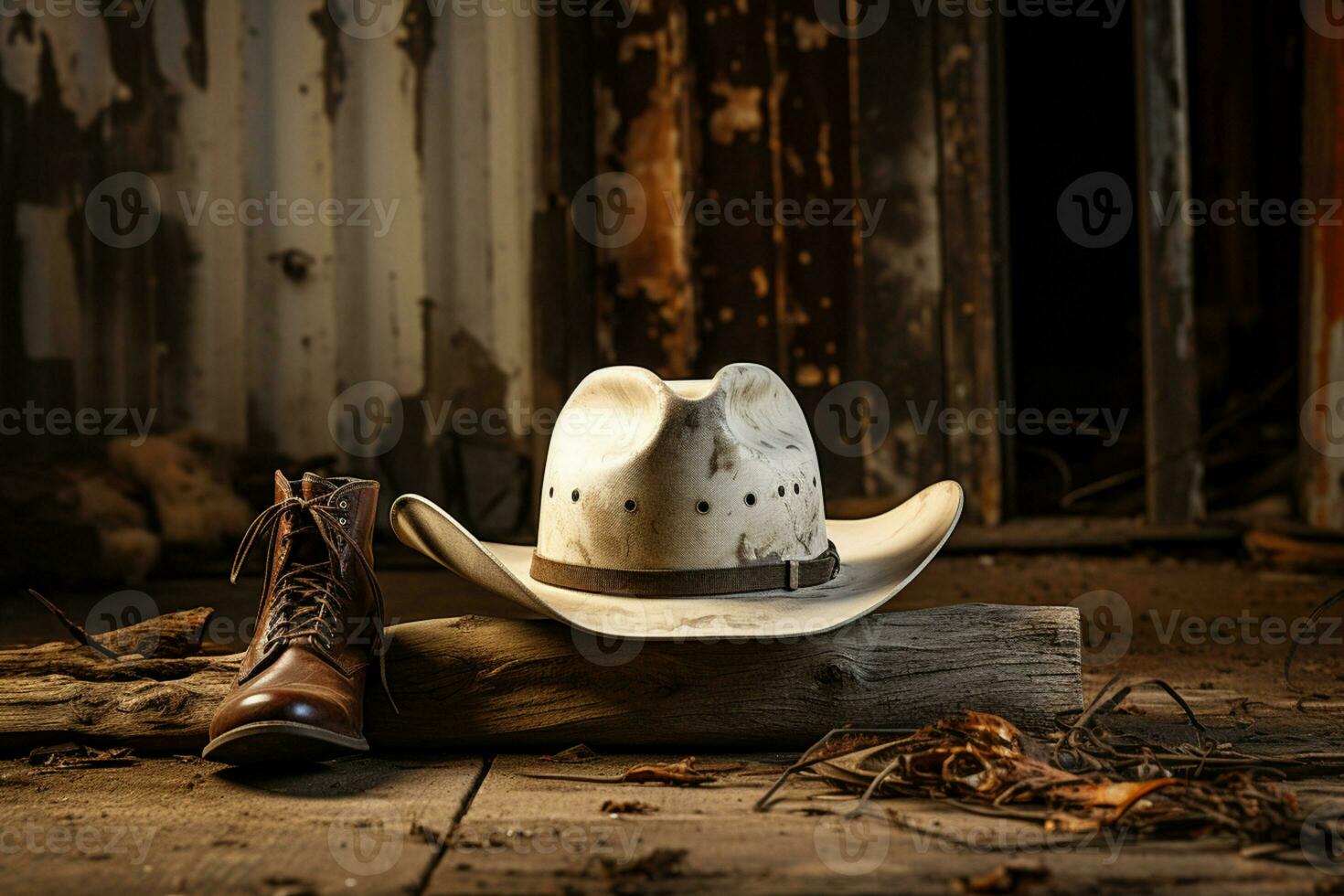 White rodeo hat, lasso, boots on distressed barn wood AI Generated photo