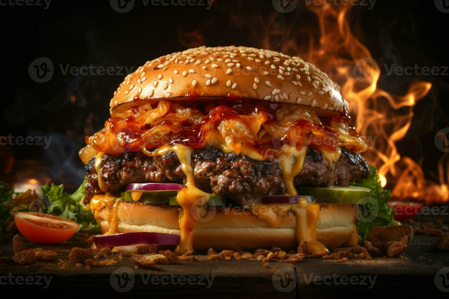 Restaurant favorite, mouthwatering burger grilled to perfection, flames accentuate AI Generated photo
