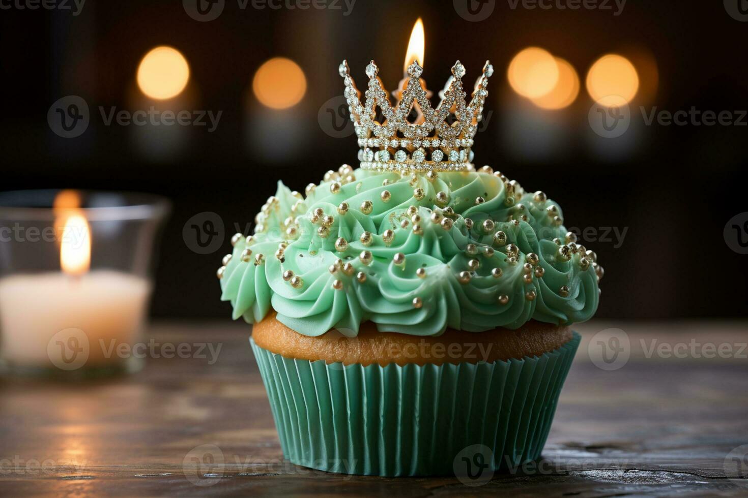 Tempting birthday treat Cupcake with blue candle, heart, and green crown cupcakes AI Generated photo