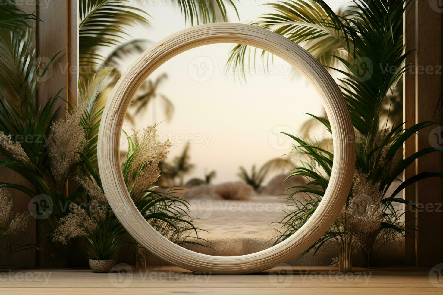 Pygmy palm branches form oval frame on sandy background AI Generated photo