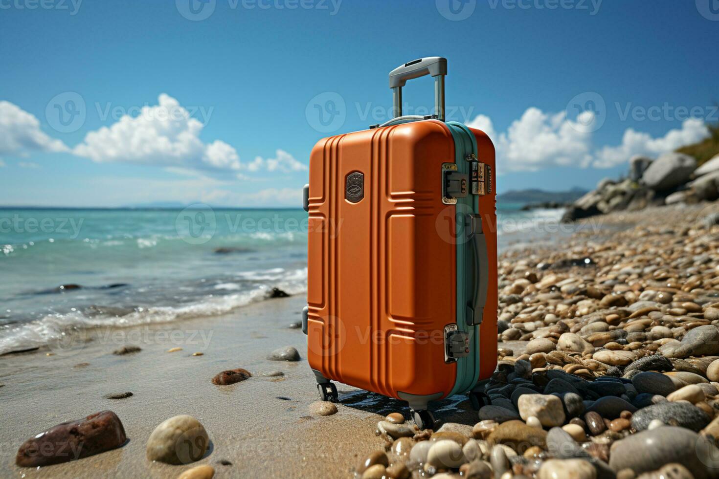 un viaje maleta posicionado en un arenoso playa ai generado foto