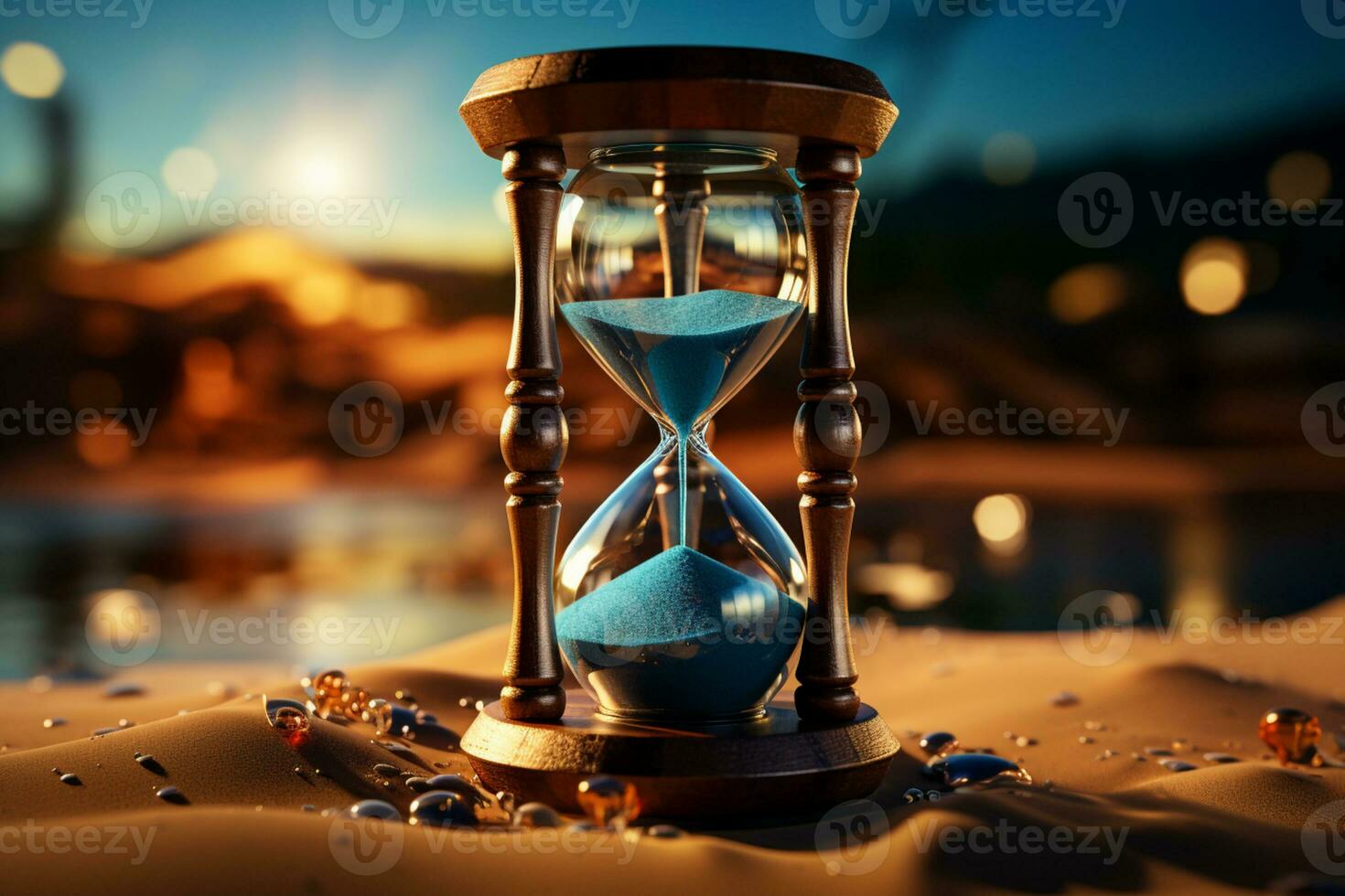 Flowing sand in hourglass on blue background, inviting text insertion, seen up close AI Generated photo