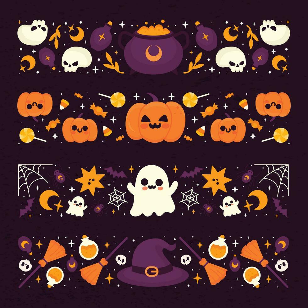 Halloween banner set with pumpkins, ghosts, witches and other items vector