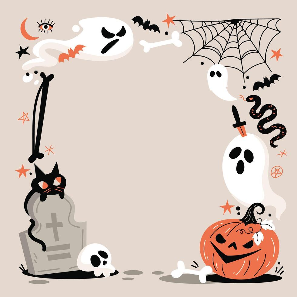 Halloween frame with ghosts, bats, tombstone and cat vector