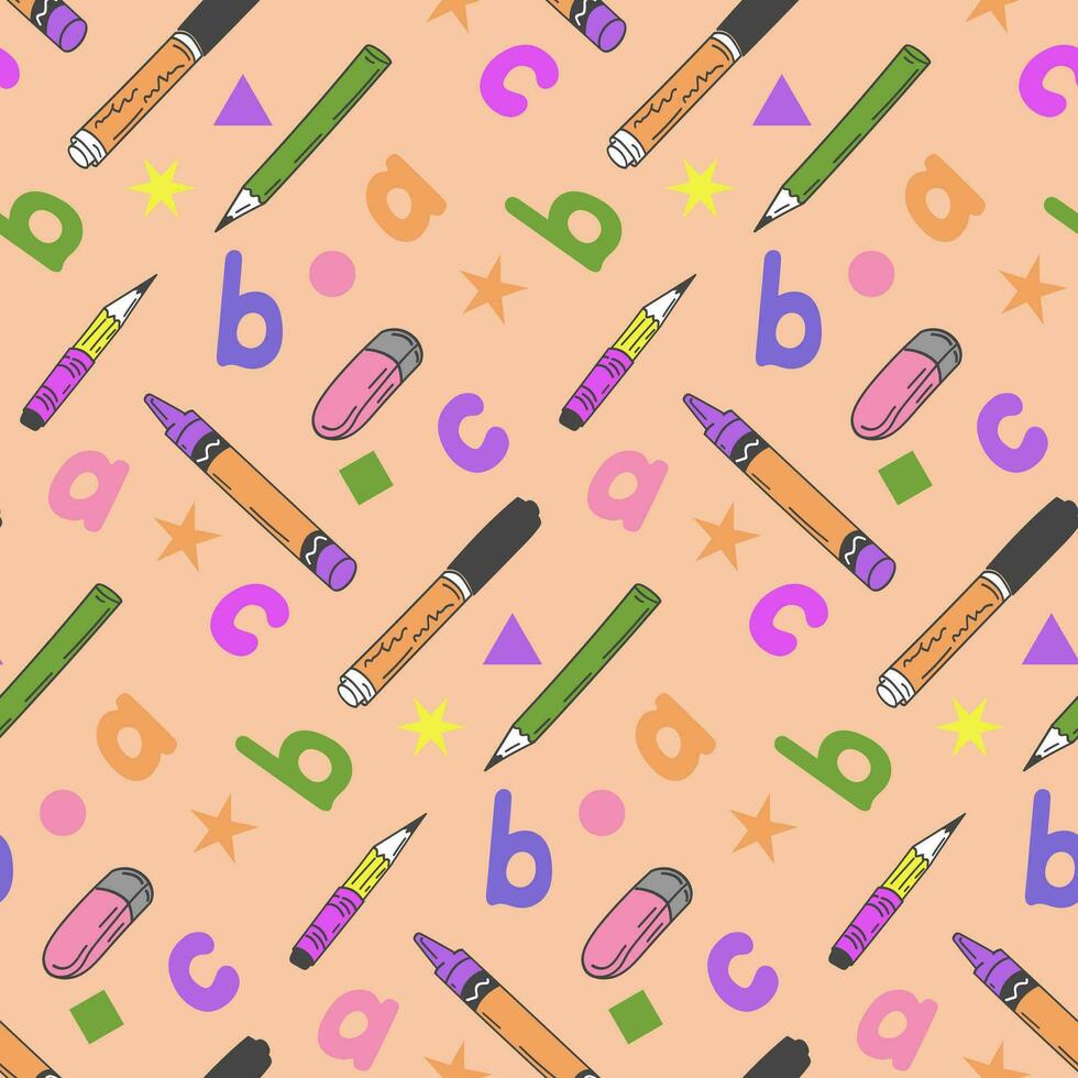 Stationary and alphabet pattern in kids pastel colors. Colorfull vector isolated characters and stationary items. Suitable for decoration, textile, wrapping, background, banner, social media graphics