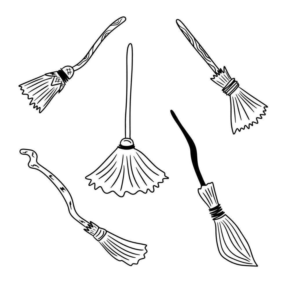 Sketch outline collection of wooden witches mops. Doodle hand drawn design for Halloween. Black sketch cartoon elements on white background. Ideal for coloring pages, stickers, tatoo. vector