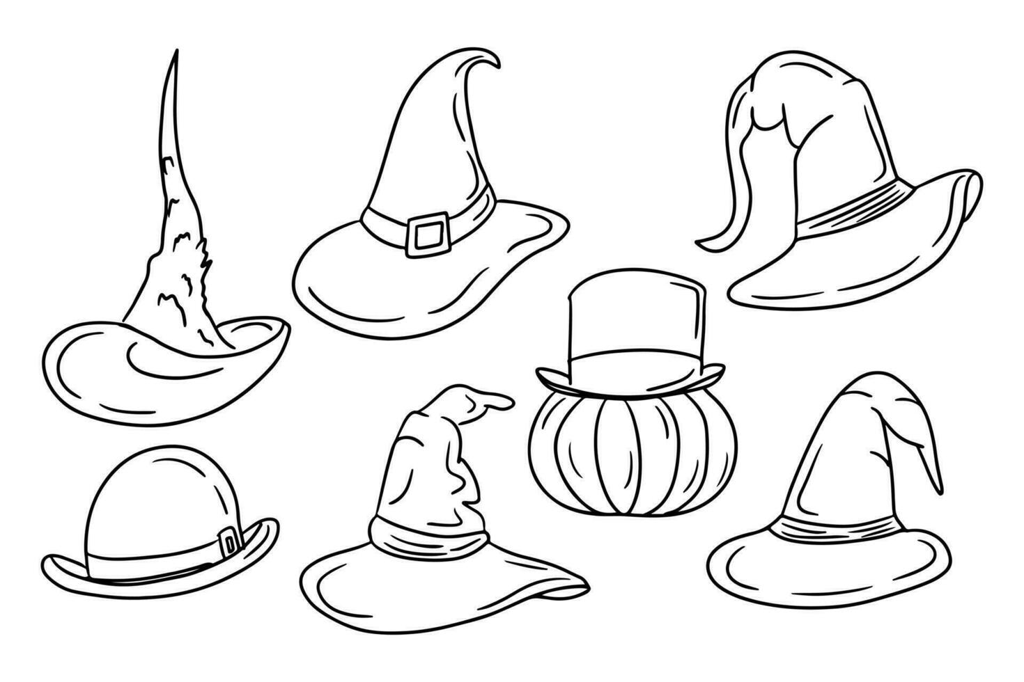 Doodle collection of hand drawn outline witch hats. Sketch design for Halloween. Black sketch simple elements on white background. Good for coloring pages, stickers, tatoo. vector