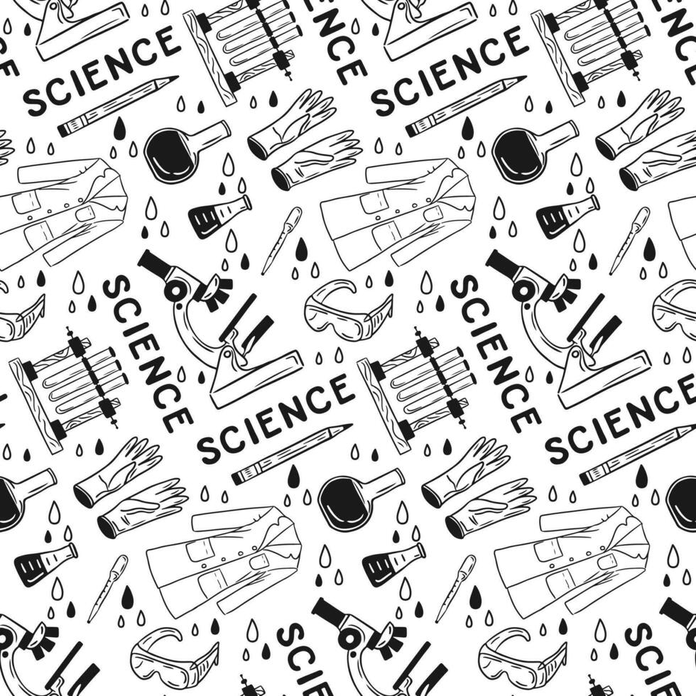 Flat vector doodle black and white science pattern. Simple sketch hand drawn seamless design. Black isolated science items on white chalkboard. Suitable for decoration, textile, wrapping, background