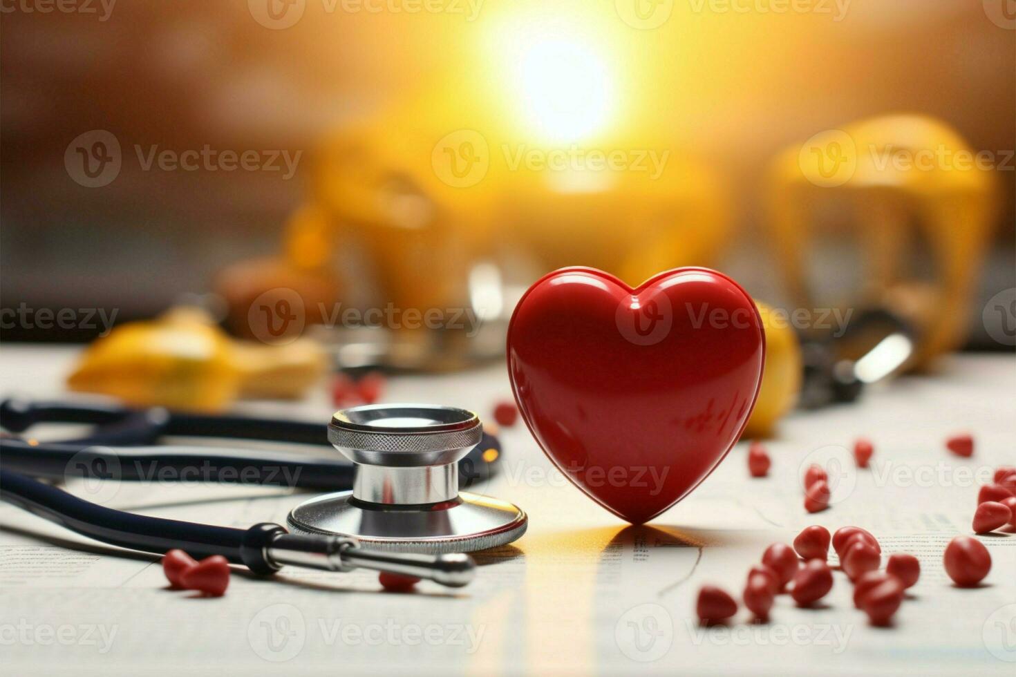 Healthcare concept Stethoscope, ECG, toy heart convey vital medical care AI Generated photo