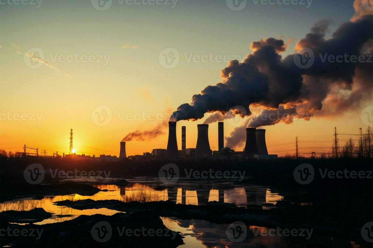 Focus on pollution, Factory pipes and nuclear plant emit thick smoke AI Generated photo