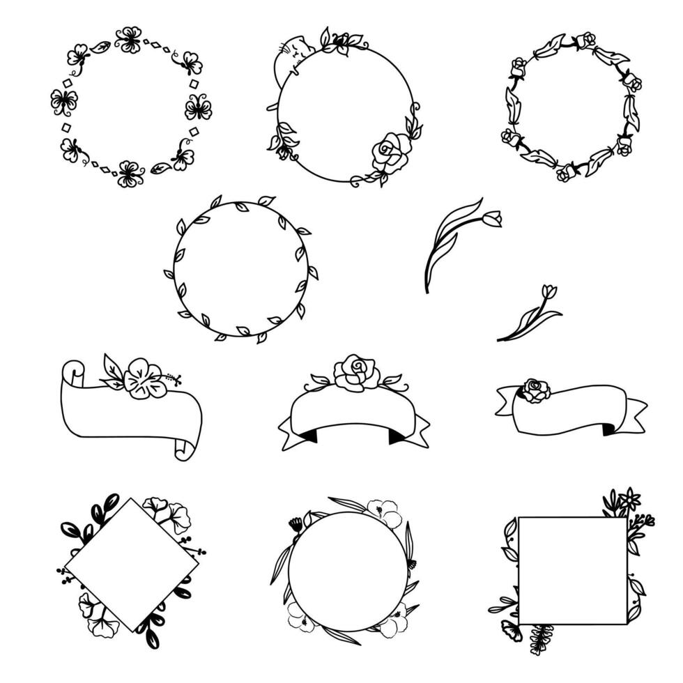 Set Of 11 Design Elements. Floral Wreath, Banner And Frames, Decorative Line Art Collection. Vector Graphic Illustration