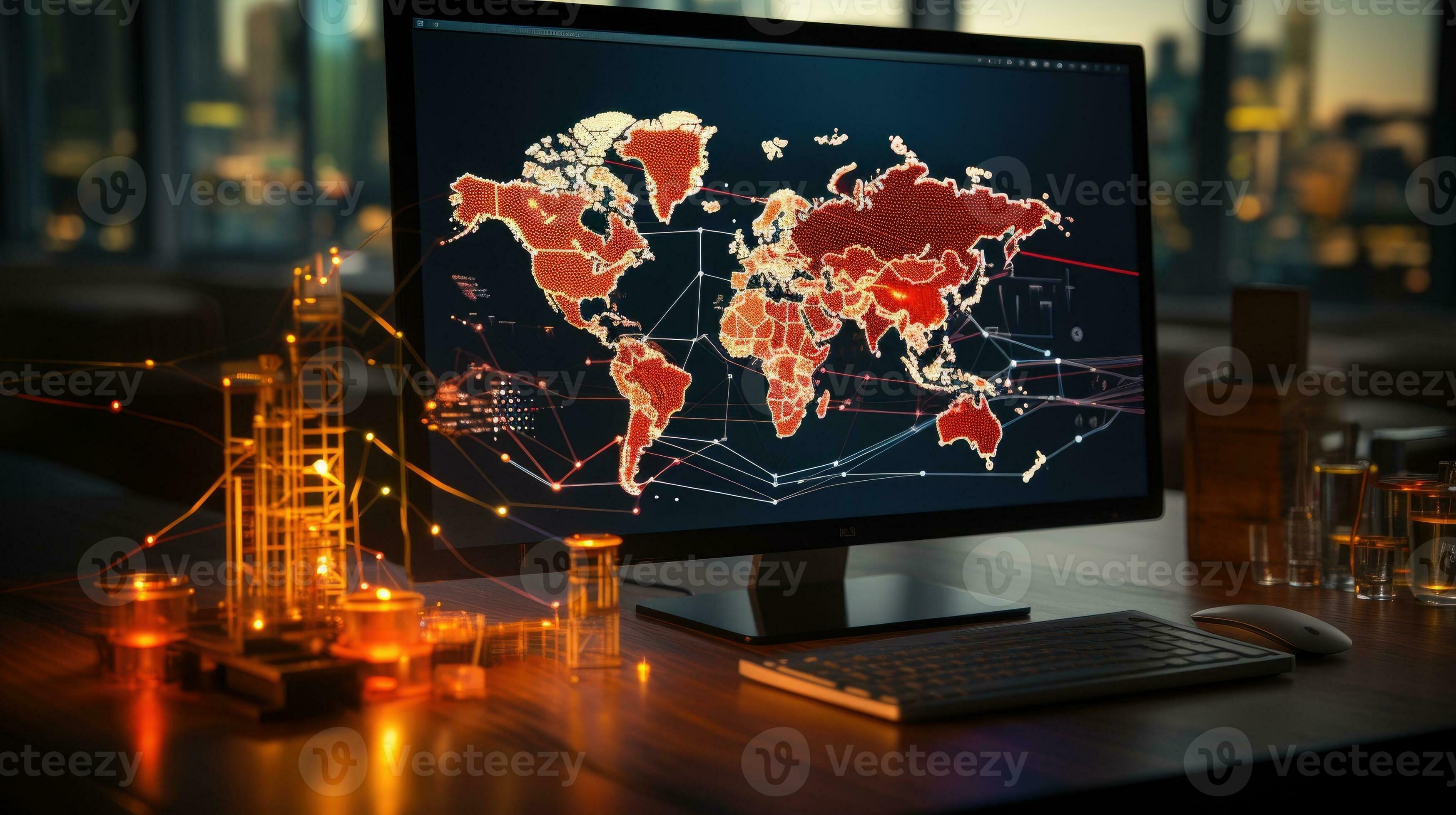Location identifier icon on laptop with information network on a map