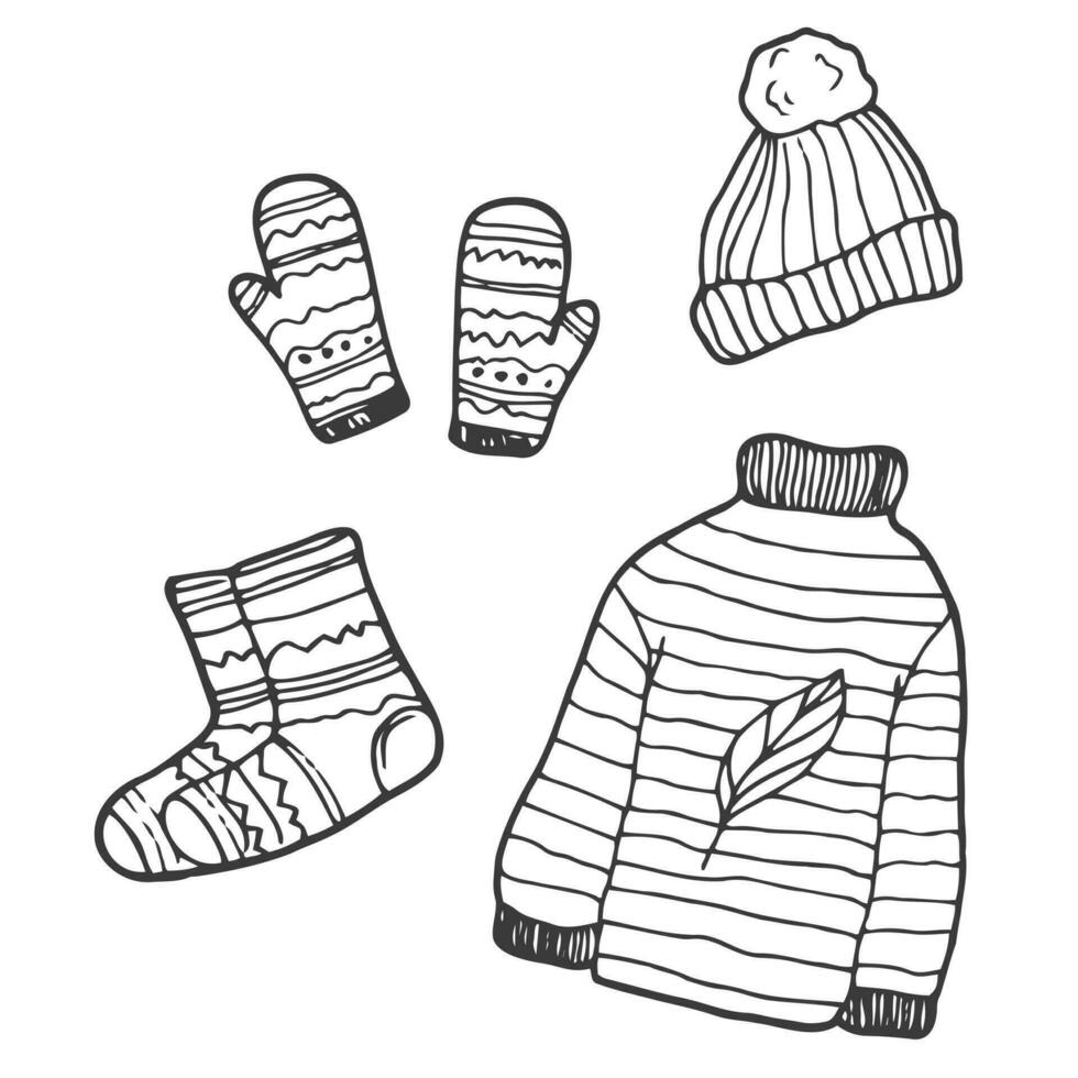 Vector hand-drawn set of knitted clothes. Hygge doodles - socks, mittens, woolen sweater, winter hat, knitting, warm scarf