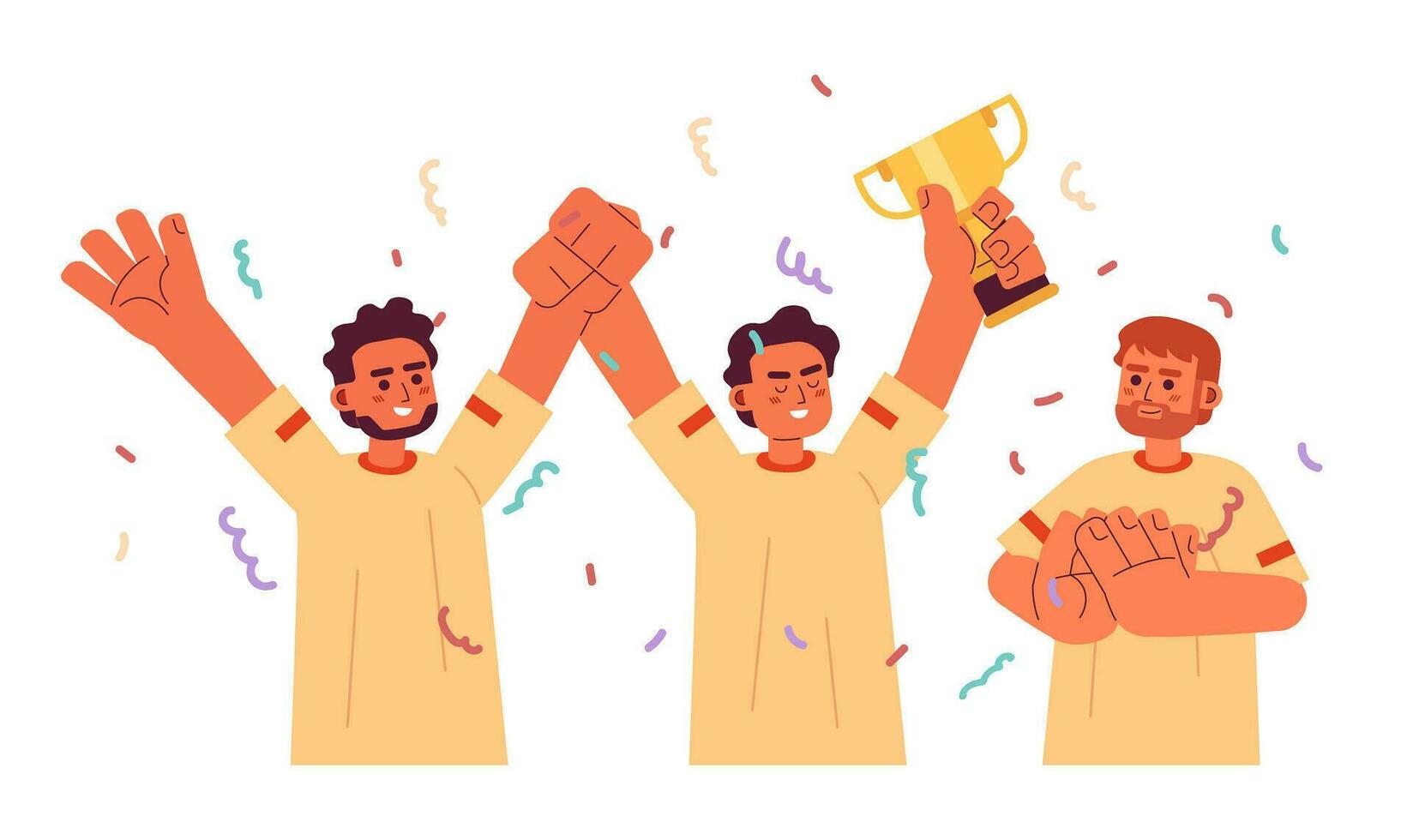 Men celebrating victory flat concept vector spot illustration. Winning. Teammates with cup. Party with confetti 2D cartoon characters on white for web UI design. Isolated editable creative hero image