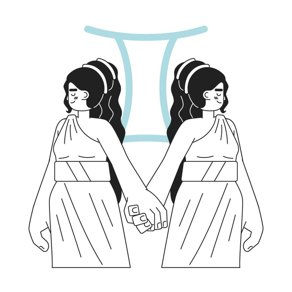 Gemini zodiac sign monochrome concept vector spot illustration. Women twins holding hands 2D flat bw cartoon character for web UI design. Astrology isolated editable hand drawn hero image