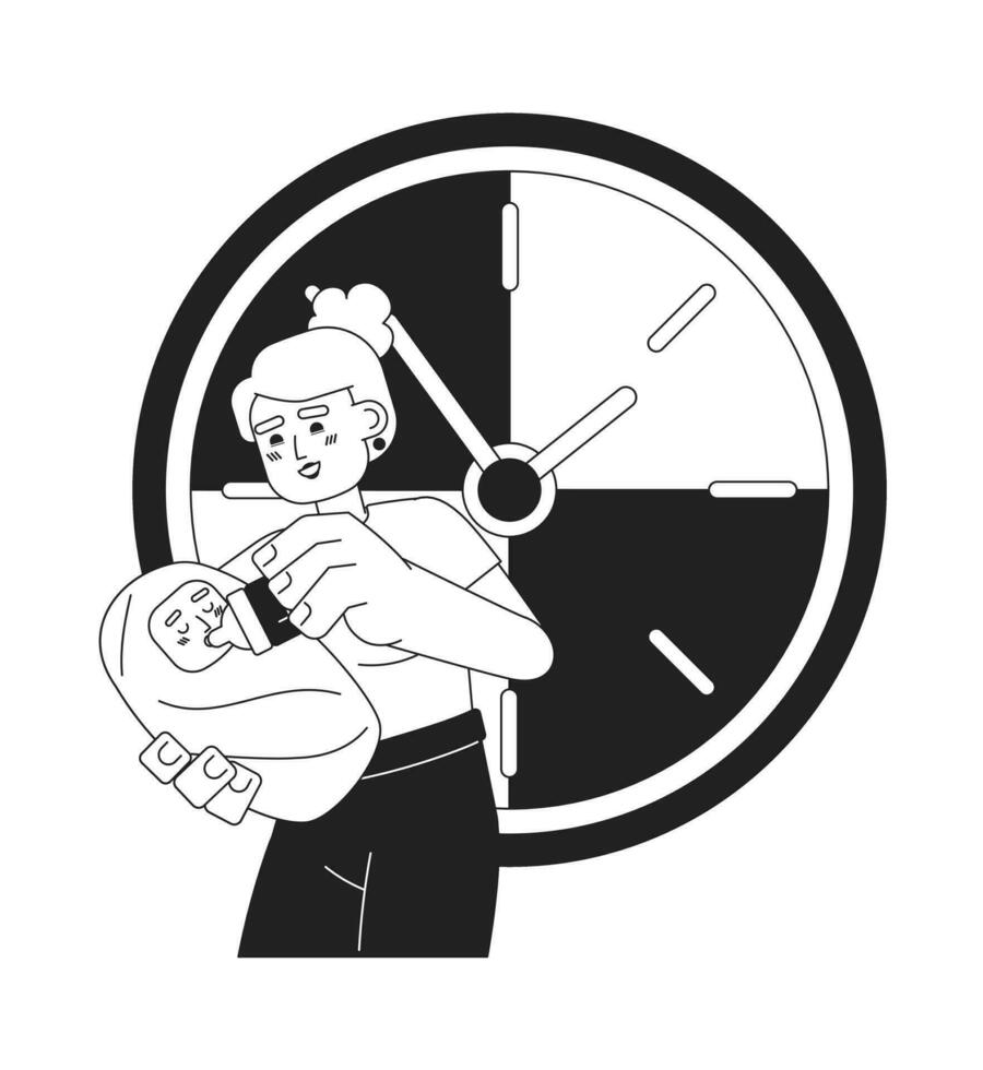 Baby feeding in time monochrome concept vector spot illustration. Care. Mother gives bottle for newborn 2D flat bw cartoon characters for web UI design. Isolated editable hand drawn hero image